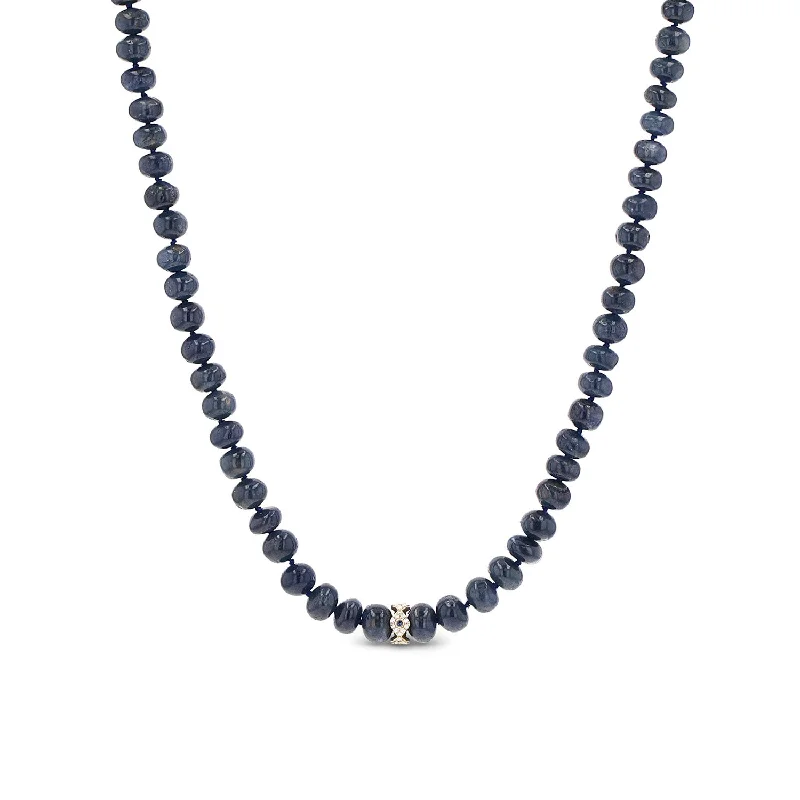 Beautiful necklaces and pendants with moon and star charms for a dreamy effect-14k Blue Sapphire Knotted Necklace with Evil Eye Rondelle - 18"