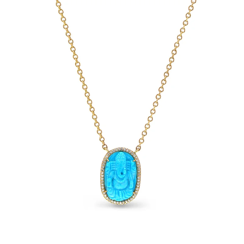 Necklaces and pendants with matching rings for a coordinated set of jewelry-14k Carved Turquoise Ganesh Chain Necklace "One of a Kind"