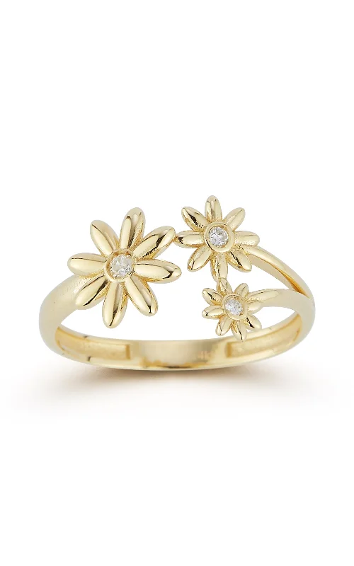 Rings with etched floral bands for detail -14K Gold & Diamond Triple Daisy Ring