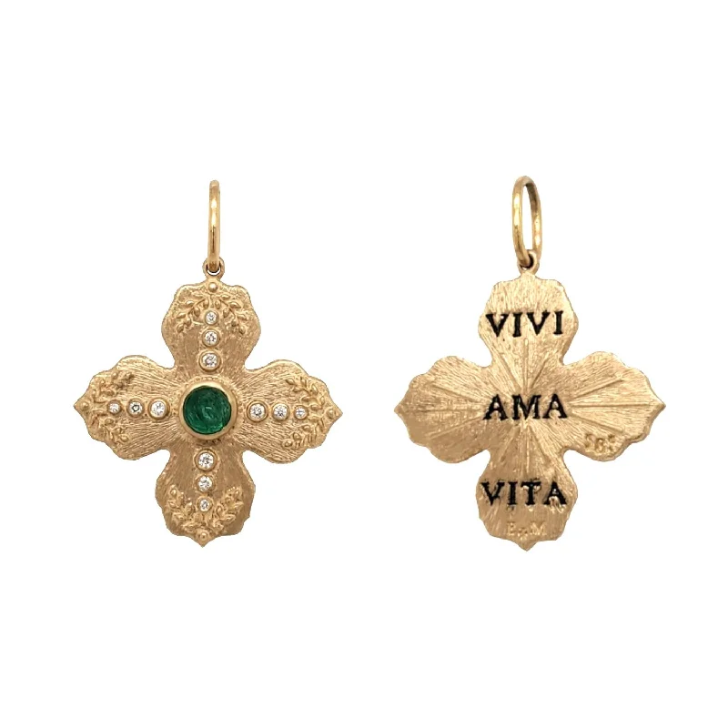 Necklaces and pendants with custom engravings for a personal, meaningful gift-14K Gold Emerald & Diamond Floral Cross Charm