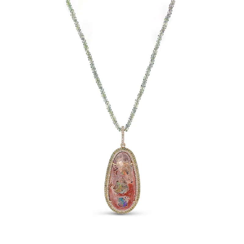 Necklaces and pendants with zodiac constellation designs for an astrological touch-14k Mexican Fire Opal with Sapphire and Diamond Halo on Sapphire Necklace "One of a Kind"