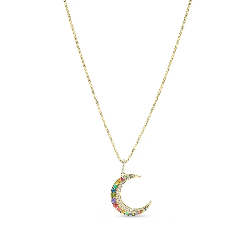 Beautiful necklaces and pendants with tree branch motifs for a nature-inspired design-14k Rainbow Crescent Moon Pendant on Franco Chain Necklace