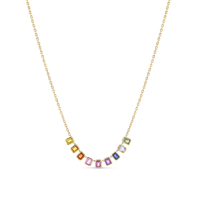 Best necklaces and pendants with intricate filigree for vintage-inspired elegance-14k Rainbow Sapphire Bezel Stones on Knife Edge Cable Chain Necklace - 18"