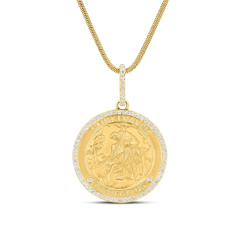 Necklaces and pendants with leaf-shaped designs for an earthy, organic feel-14k St. Francis "Protect Us" Diamond Halo Medallion - 30mm