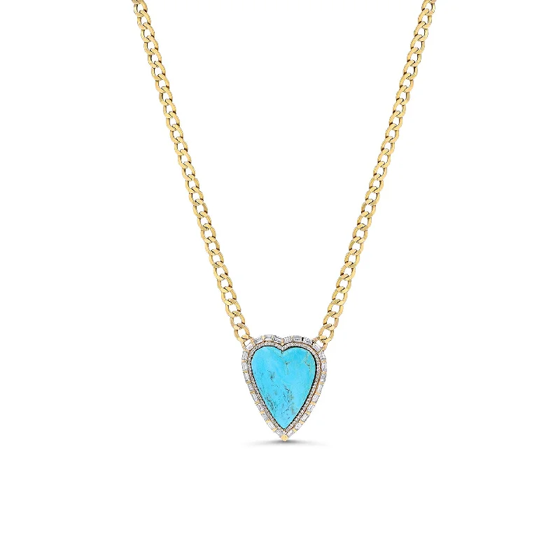 Best necklaces and pendants with gemstone clusters for a bold and colorful effect-14k Turquoise Heart with Diamond Baguettes on Curb Chain Necklace "One of a Kind"