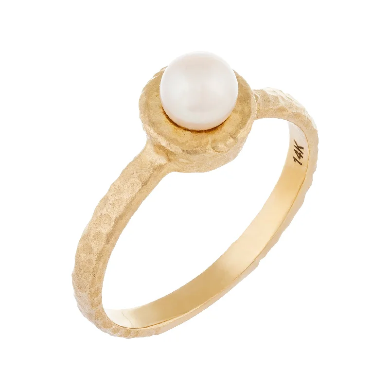 Rings with gothic-inspired skull motif details -14k Yellow Hammered Gold Pearl Ring