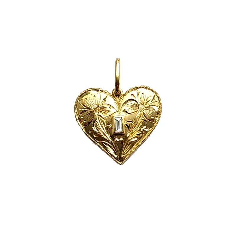 Stunning necklaces and pendants with jade gemstones for a calming green hue-18K Gold Hand Engraved Medium Heart Baguette Diamond Charm