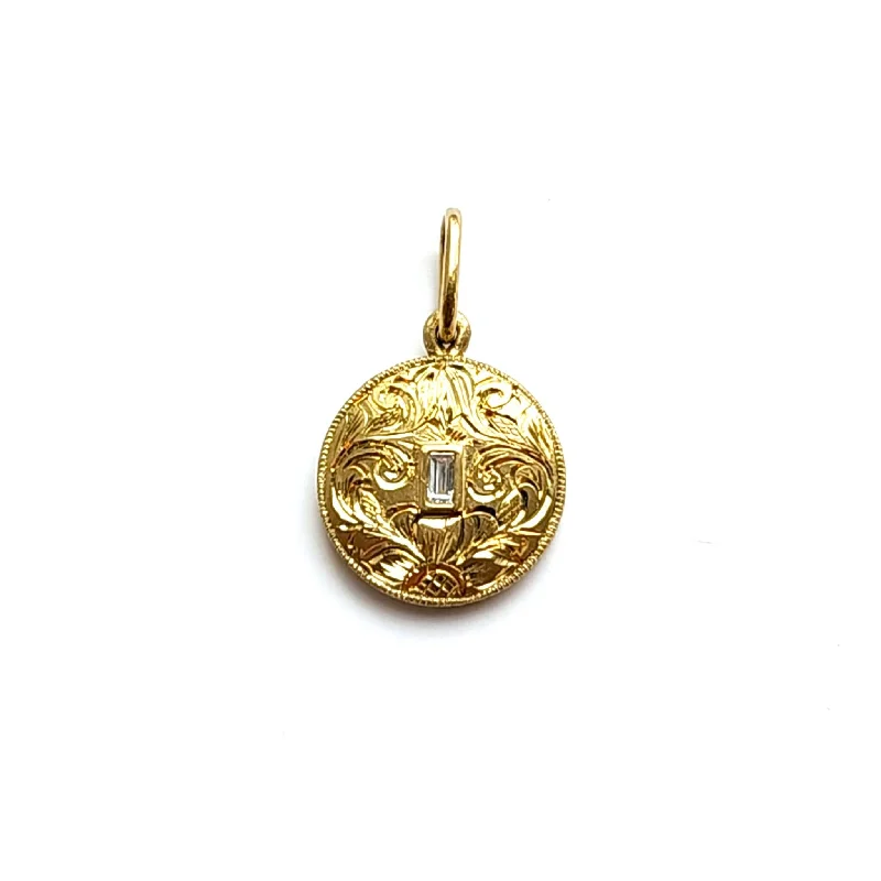 Beautiful necklaces and pendants with tree branch motifs for a nature-inspired design-18K Gold Hand Engraved Medium Round Baguette Diamond Charm