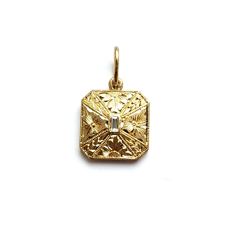 Necklaces and pendants with star-shaped designs for a whimsical, celestial touch-18K Gold Hand Engraved Medium Square Baguette Diamond Charm