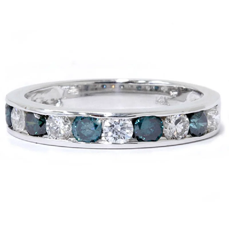 Rings with etched floral bands for detail -1ct Channel Set Blue & White Diamond Ring 14K White Gold