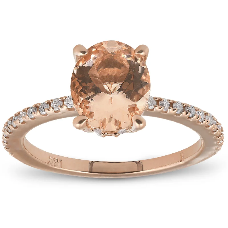 Rings with spiral designs for eye-catching twist -2.30ct Oval Peach Morganite Halo Diamond Engagement Wedding Ring Rose Gold