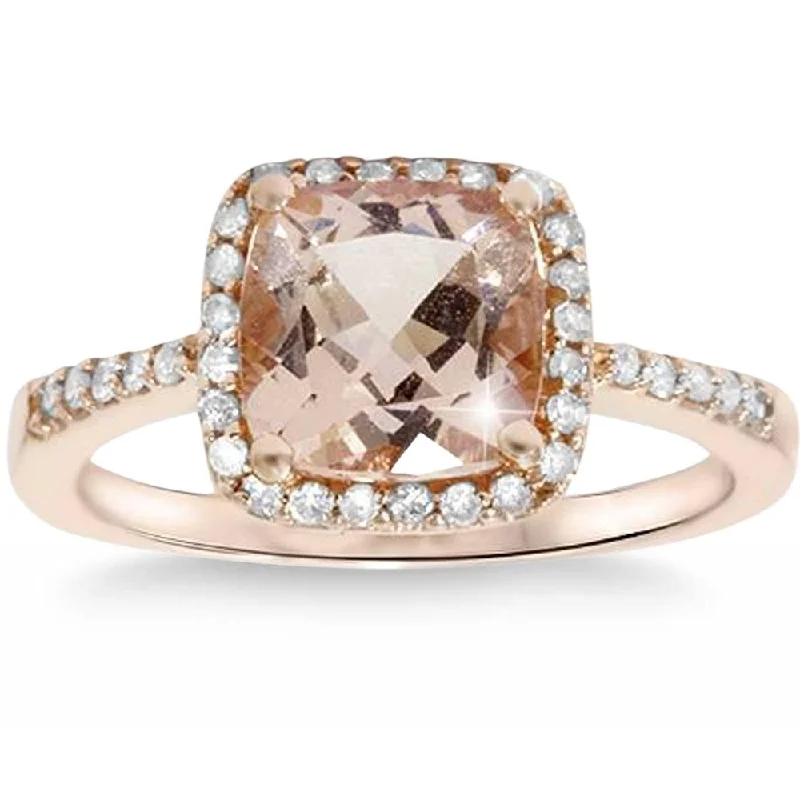 Rings with wave patterns for ocean vibes -2 5/8ct Cushion Morganite Vintage Halo Engagement Ring 14K Rose Gold