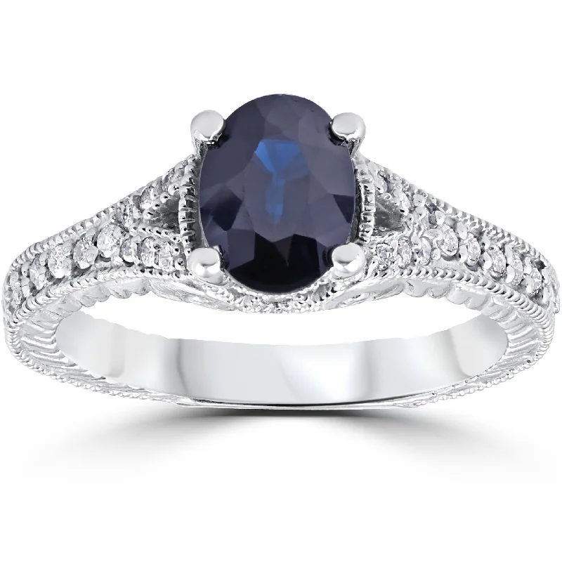 Rings with floral amethyst for romantic touch -2ct Vintage Diamond Black Sapphire Engagement Ring 14K White Gold