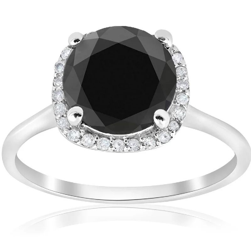 Rings with tiger eye bands for warmth -3 1/10ct Treated Black Diamond Cushion Halo Engagement Ring 14K White Gold