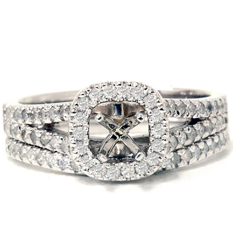 Rings with vintage claw prongs for elegance -3/4ct Pave Halo Diamond Ring Set 14K White Gold