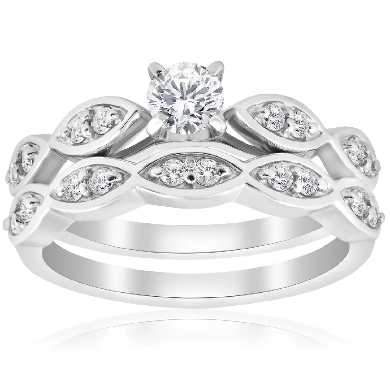 Rings with floral halo diamond arrangements -3/4ct Vintage Diamond Engagement Wedding Ring Set 14K White Gold