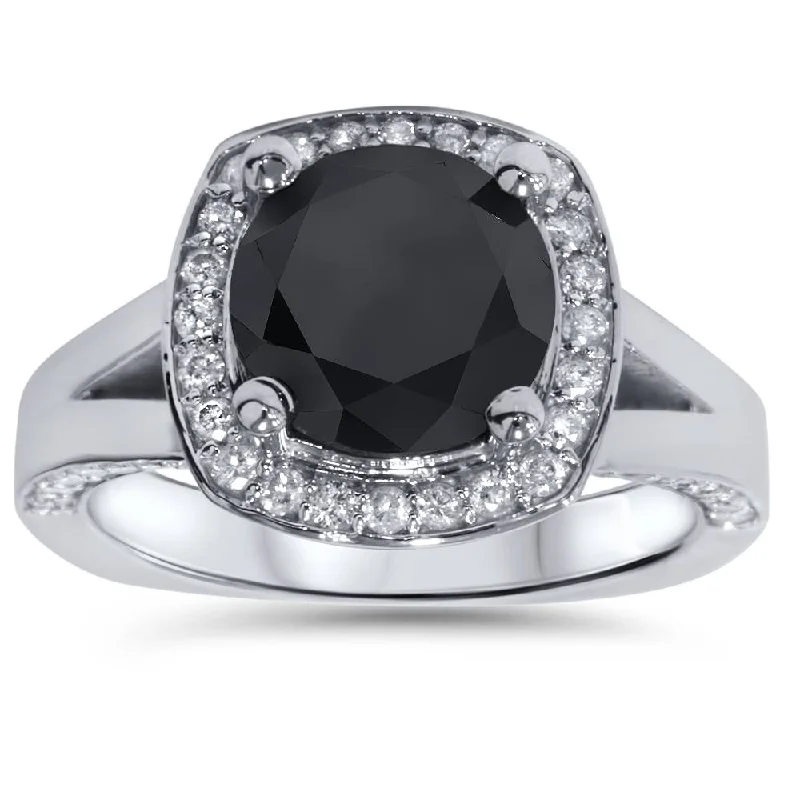 Rings with coral stones for vibrant pop -3 5/8 Ct Black Diamond Halo Split Shank Engagement Ring 14K White Gold