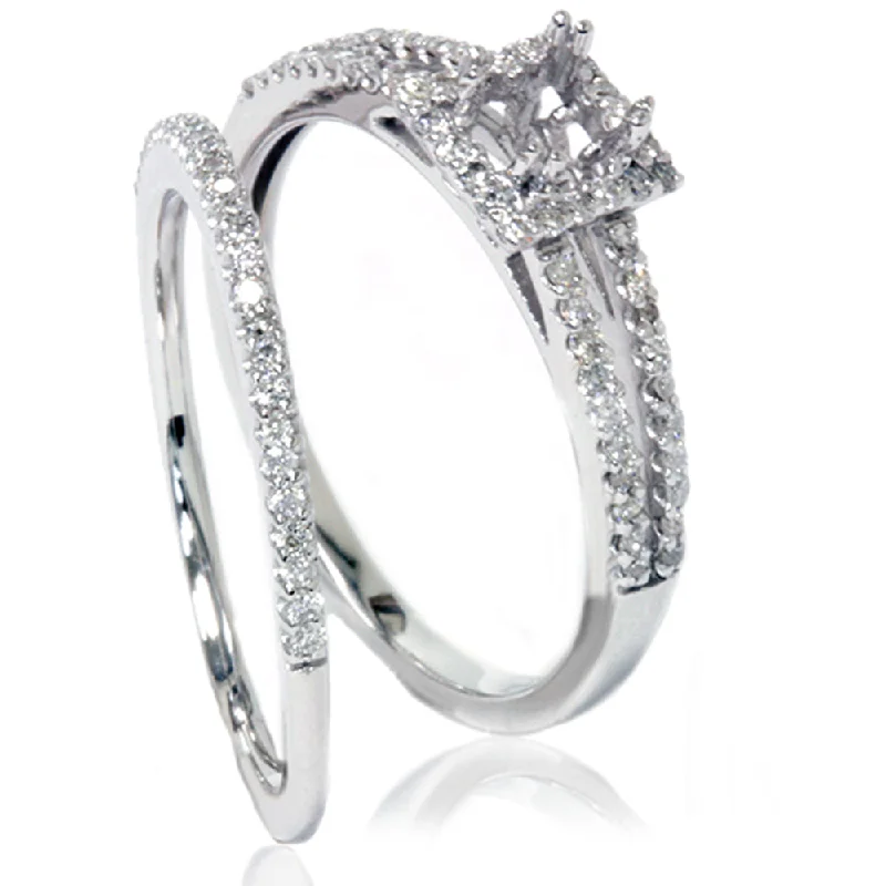 Rings with double bands for modern twist -3/8CT Split Shank Princess Cut Halo Engagement Ring Set Setting 14K White Gold