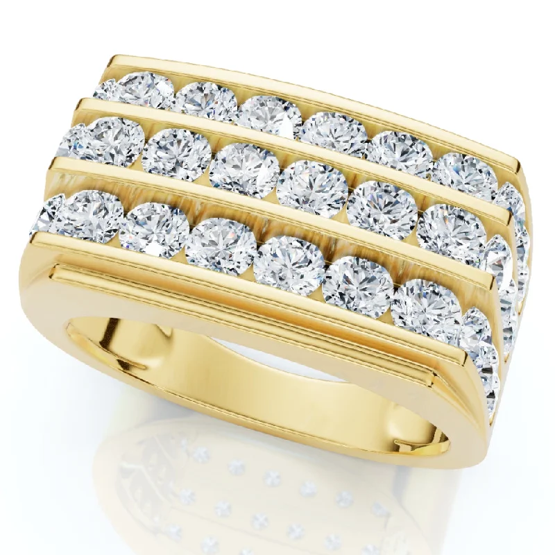 Rings with etched floral bands for detail -3Ct Men's Diamond Multi-Row Ring 10k Yellow Gold