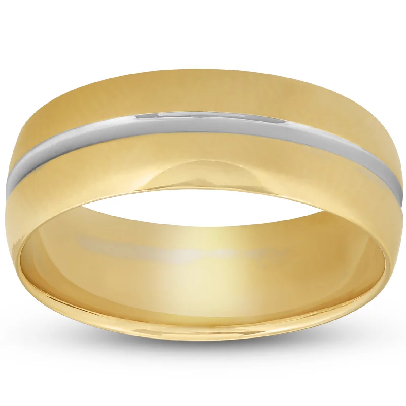 Rings with wide bands for statement wear -8MM Mens 14k Yellow Gold Ring Two Tone Brushed Wedding Band