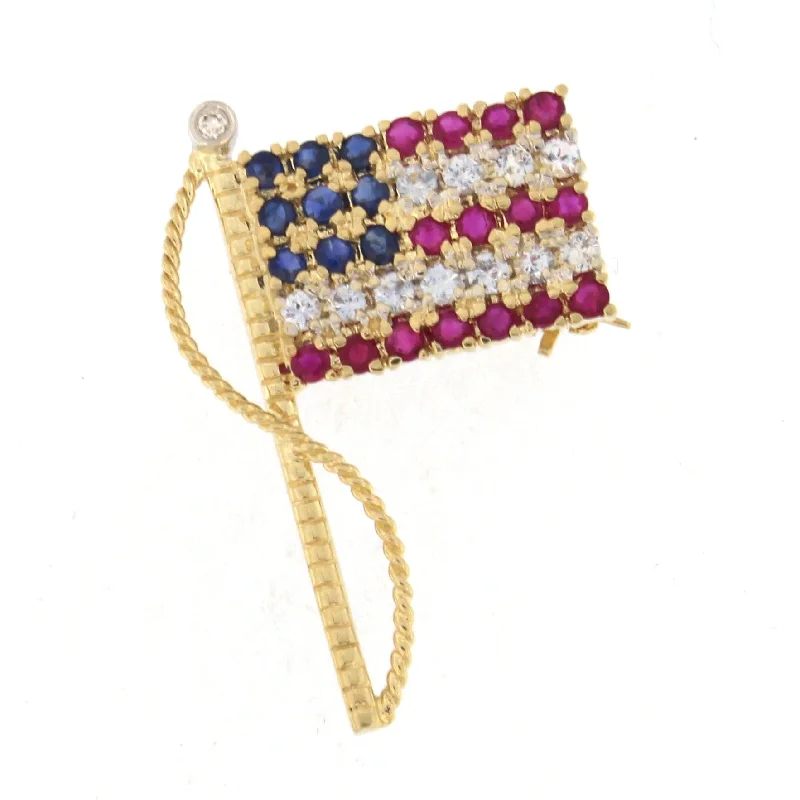 Beautiful necklaces and pendants with moon and star charms for a dreamy effect-American Flag Brooch with CZ & Colored Stones 14k Yellow Gold