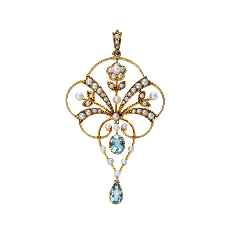 Best necklaces and pendants with cross pendants for a spiritual, meaningful symbol-Art Nouveau Aquamarine & Pearl 14K Gold Lavalier Pendant