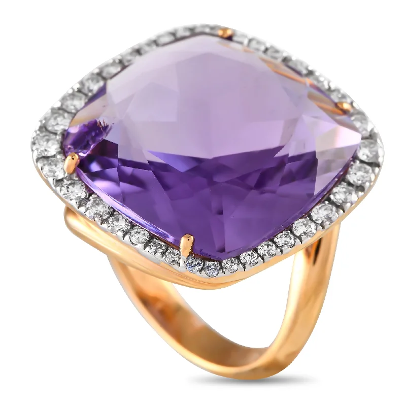 Rings with floral halo diamond arrangements -Casato 18K Rose Gold 0.83ct Diamond and Amethyst Ring 200491