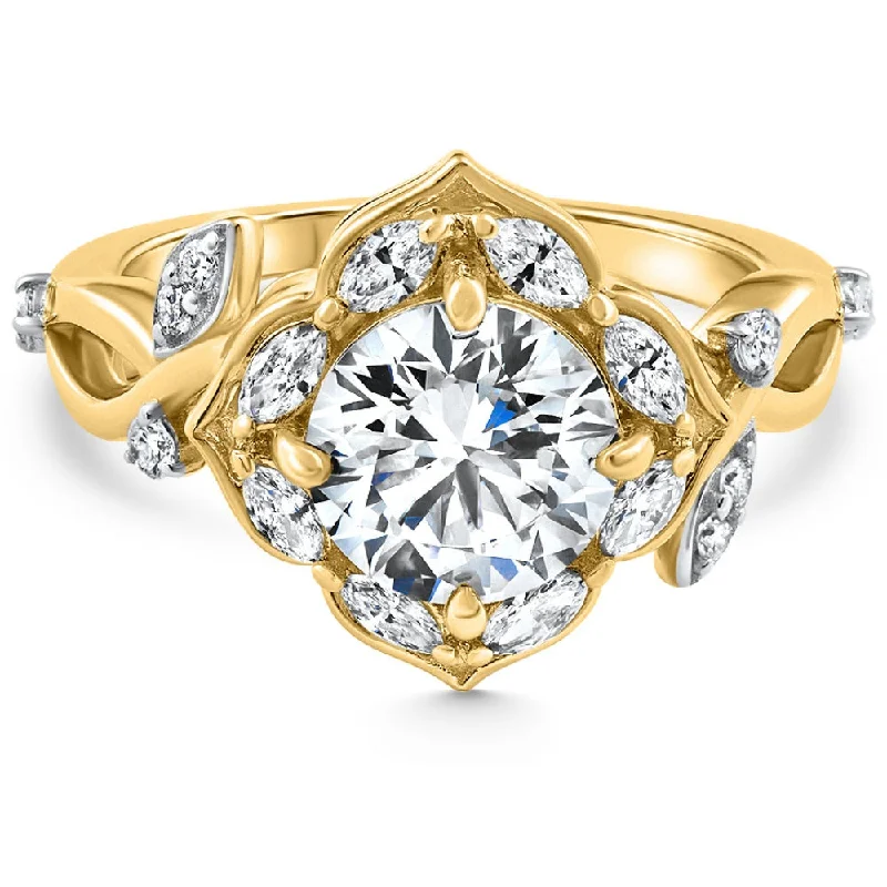 Dainty rings with subtle engraved star motifs -Certified 2.62Ct Round Diamond Engagement Vine Petal Ring 14k Yellow Gold