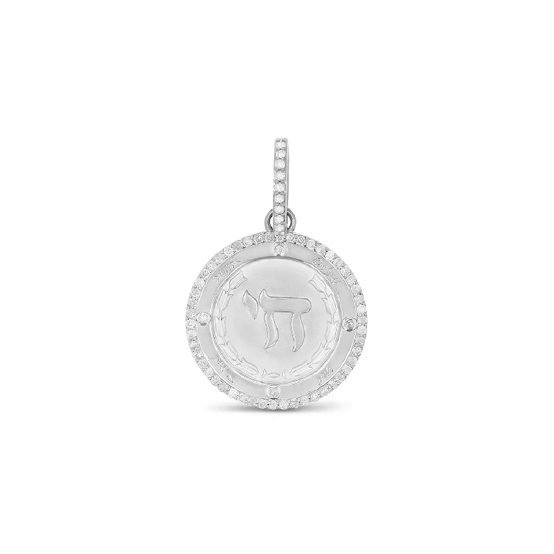 Unique necklaces and pendants with tree of life motifs for nature-inspired elegance-Chai Medallion with Diamond Halo Border - 25mm