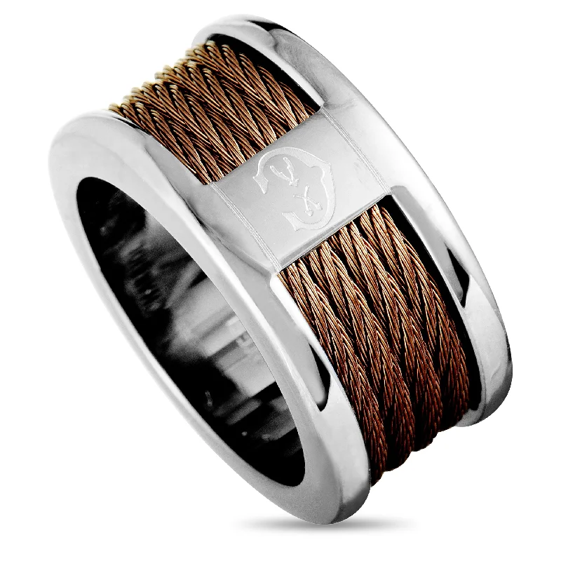 Titanium rings with rugged brushed metal look -Charriol Forever Stainless Steel and Bronze PVD Cable Band Ring