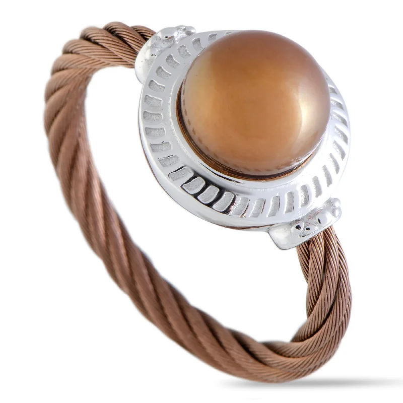 Rings with raw citrine for sunny charm -Charriol Pearl Stainless Steel and Bronze PVD Brown Pearl Round Cable Ring