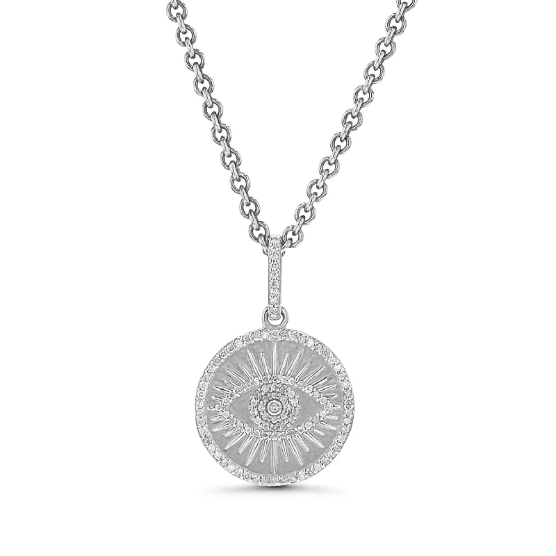 Best necklaces and pendants for weddings with matching designs for bride and groom-Silver and Diamond Evil Eye Coin Charm Pendant