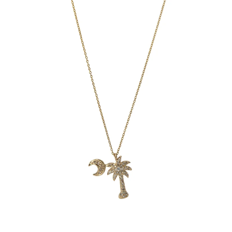 Fashionable necklaces and pendants with birthstones for a personalized gift idea-Diamond Palmetto Tree & Crescent 14K Yellow Gold Pendant Necklace