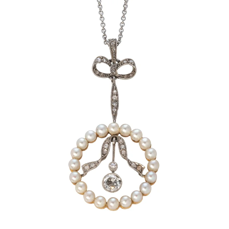 Necklaces and pendants with feather designs for a boho-chic, carefree vibe-Edwardian Diamond & Pearl Bow Pendant