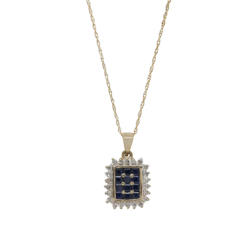 Simple necklaces and pendants with bar pendants for a sleek modern design-Halo Sapphire Diamond Necklace 14k Gold Prince Of Wales Chain Square Pendant