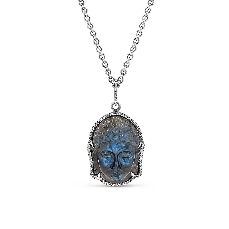 Unique necklaces and pendants with artistic shapes for a creative, one-of-a-kind design-Hand Carved Labradorite Buddha Diamond Pendant