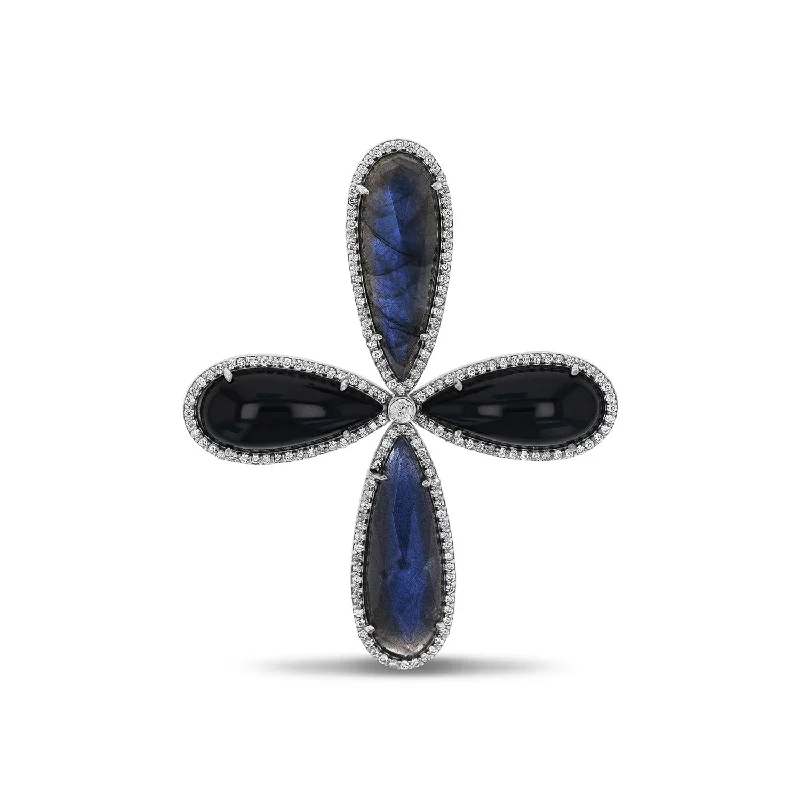 Best necklaces and pendants with intricate filigree for vintage-inspired elegance-Labradorite and Onyx with Diamonds Cross Brooch "One of a Kind"