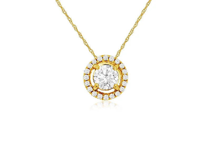 Stunning necklaces and pendants with aquamarine stones for a serene effect-14K Yellow Gold Round Diamond with Pave Halo Necklace