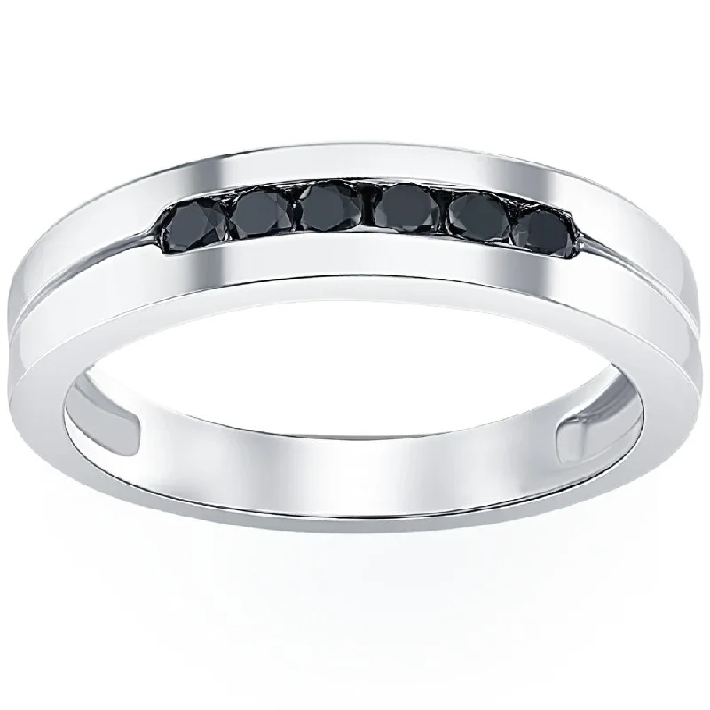 Rings with hexagon-cut stones for trendiness -Mens 14K White Gold Black 1/4ct Diamond Wedding Ring