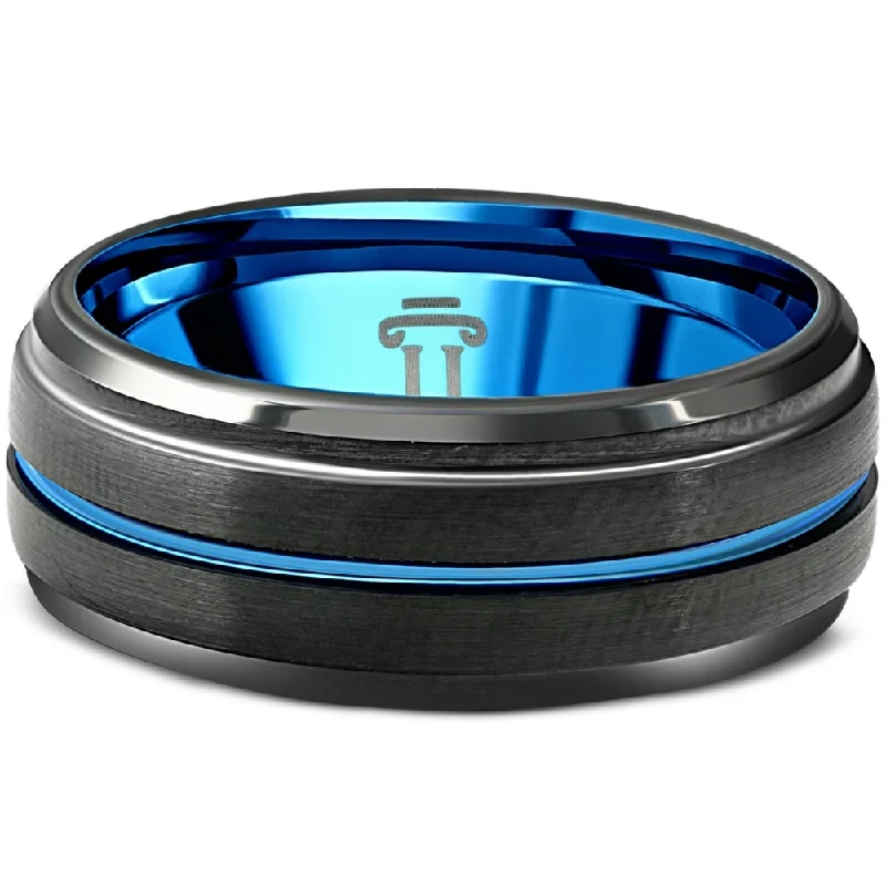 Rings with blue quartz for cool tones -Men's Black & Blue Tungsten Ring Brushed Beveled Step Cut Wedding Band