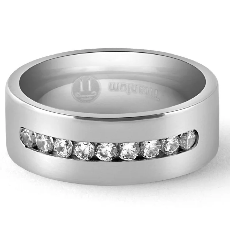 Rings with shield-shaped stones for boldness -Men's Brushed Titanium 8mm Ring Moissanite Wedding Band