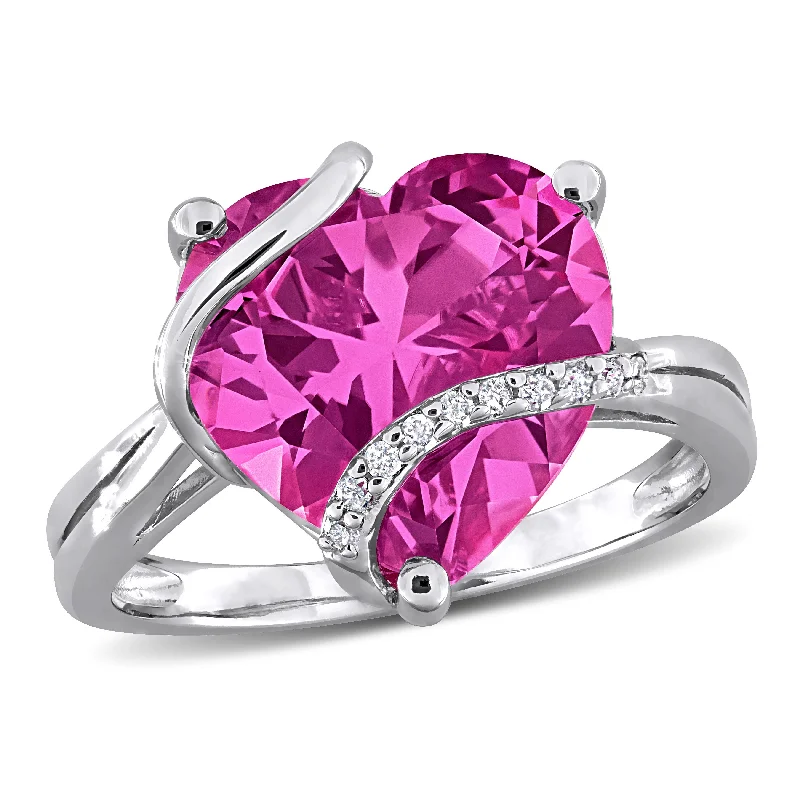 Rings with etched floral bands for detail -Mimi & Max 7 1/4ct TGW Created Pink Sapphire and Diamond Accent Heart Ring Sterling Silver