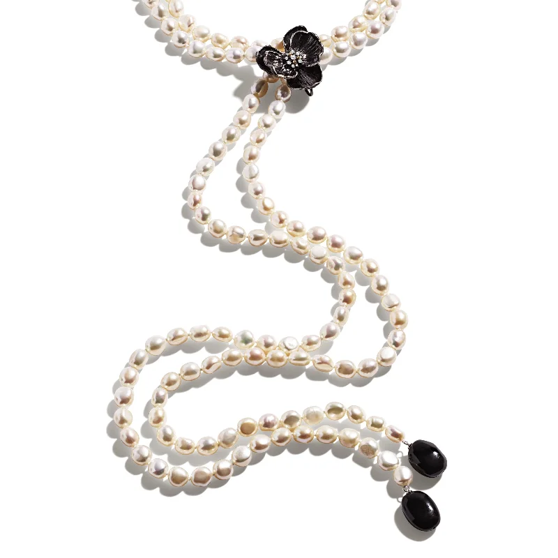 Trendy necklaces and pendants with geometric shapes for a modern aesthetic-Orchid Lariat Necklace with Pearls, Black Onyx and Diamonds