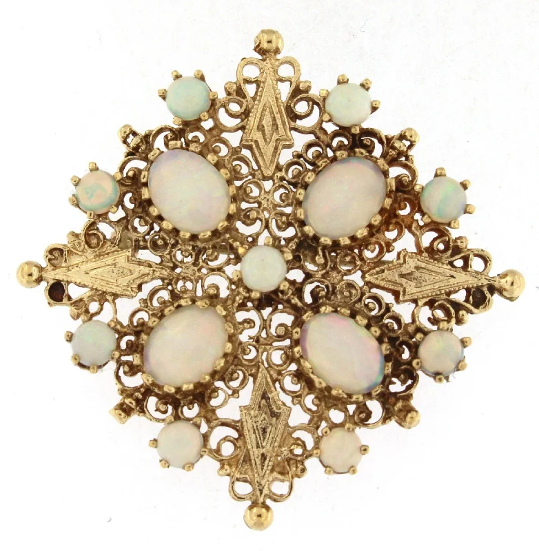 Beautiful necklaces and pendants with diamond halo settings for extra brilliance-Ornate Brooch with Opals 14k Yellow Gold