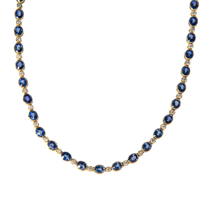 Necklaces and pendants with matching rings for a coordinated set of jewelry-Oval Sapphire & Diamond Bezel 14K Gold Tennis Necklace