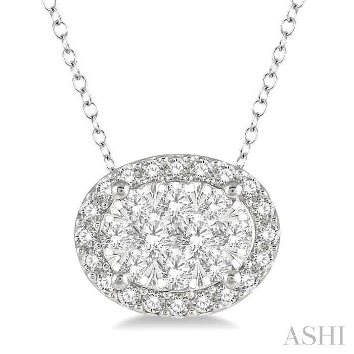 Necklaces and pendants with abstract shapes for a modern, creative appearance-OVAL SHAPE EAST-WEST HALO LOVEBRIGHT ESSENTIAL DIAMOND PENDANT