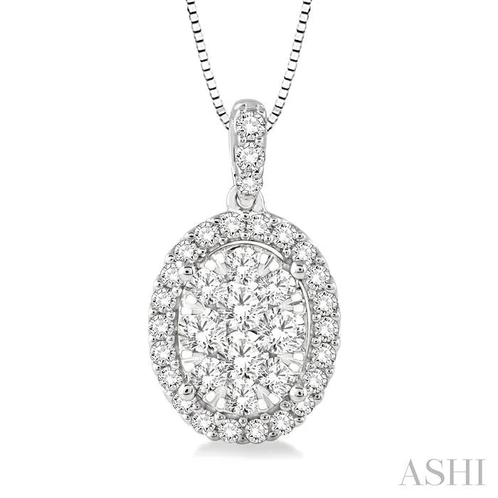 Necklaces and pendants with lock and key designs for a symbolic gesture-OVAL SHAPE HALO LOVEBRIGHT ESSENTIAL DIAMOND PENDANT