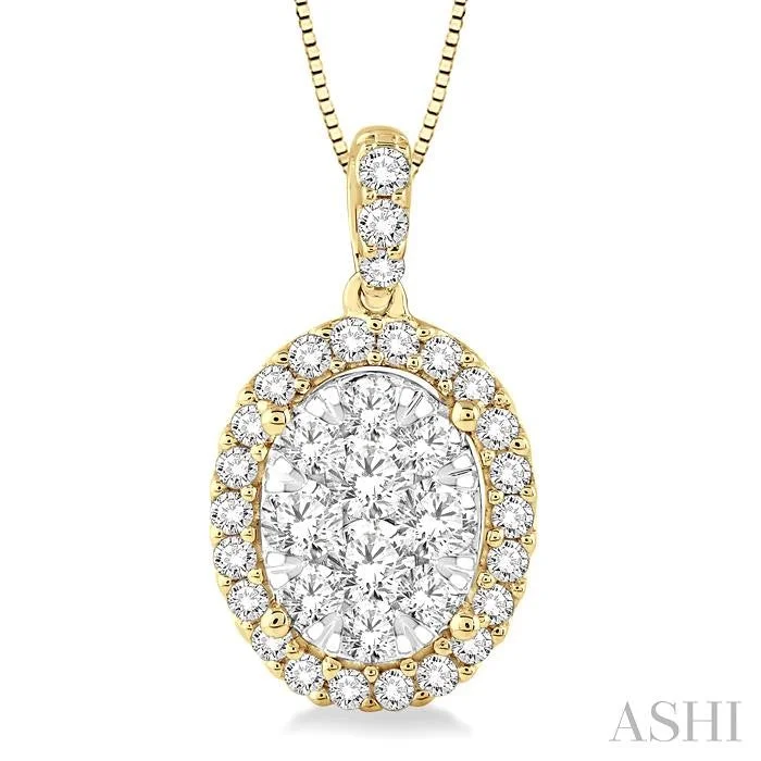 Stunning necklaces and pendants with ruby and diamond combinations for a luxurious effect-OVAL SHAPE HALO LOVEBRIGHT ESSENTIAL DIAMOND PENDANT