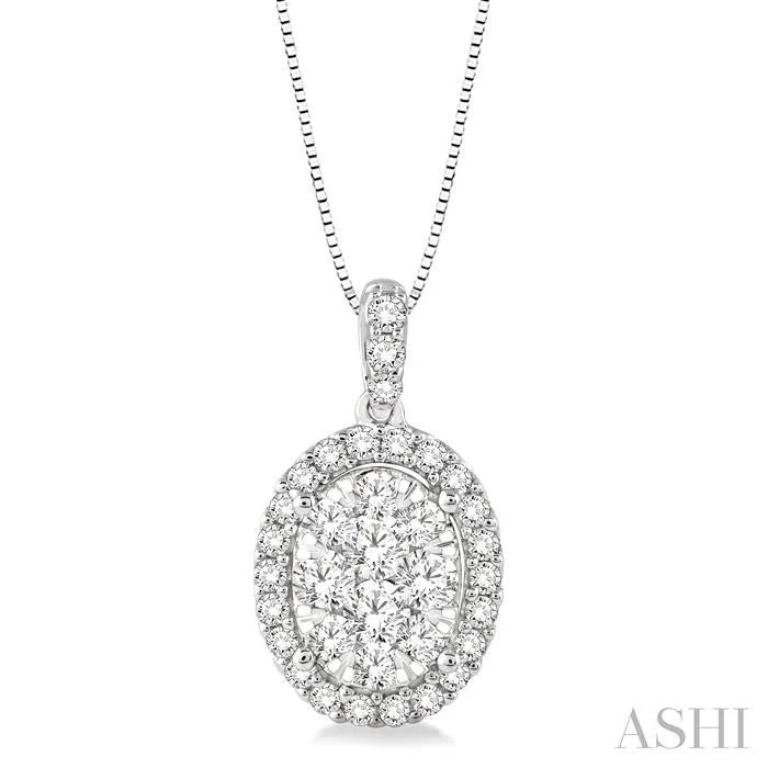 Necklaces and pendants with custom engravings for a personal, meaningful gift-OVAL SHAPE HALO LOVEBRIGHT ESSENTIAL DIAMOND PENDANT