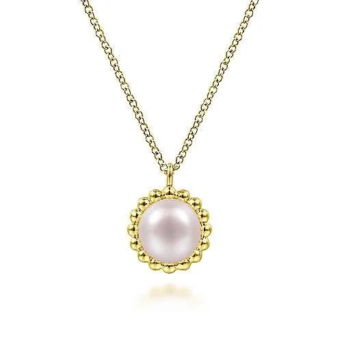 Best necklaces and pendants for weddings with matching designs for bride and groom-14K Yellow Gold Round Pearl Pendant Necklace with Beaded Frame